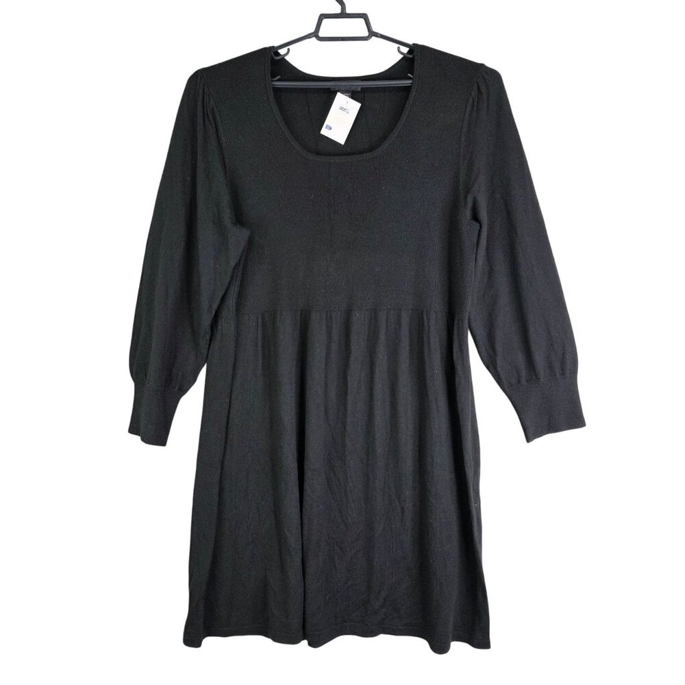 Woman Black Spense Knit Dress Wool Blend 3/4 Sleeves Empire Waist Round Neck 3X